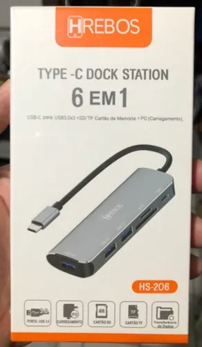 Adaptador 6 Em 3 USB 3.0 TF e SD Card 4k Hs-205 USB-C Estação Tipo-C Novo na Caixa
