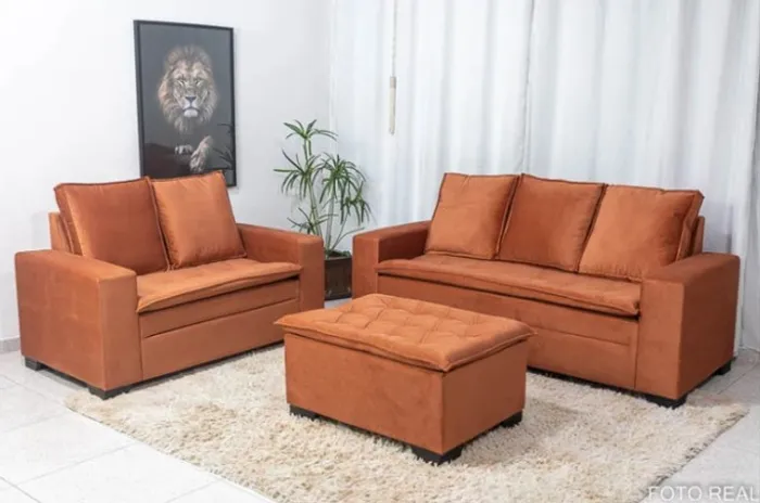 Sofá 3 e 2 lugares França c Puff Veludo Terracota A33 Até 12x - Frete Grátis