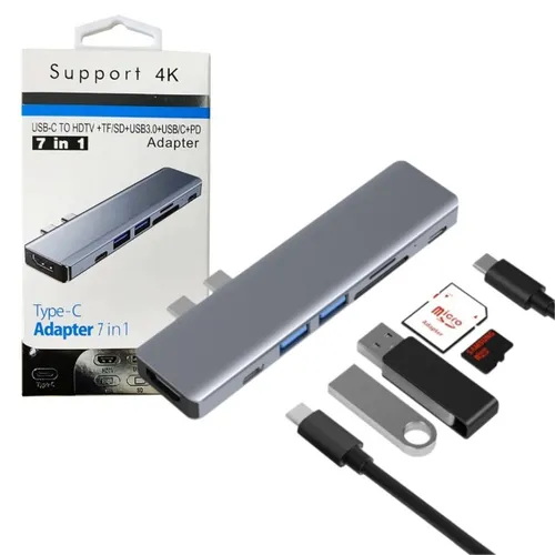 Adaptador Hub USB-C tipo C hub 7 in 1 possui portas Hdmi 4K Usb Usb-C Sd