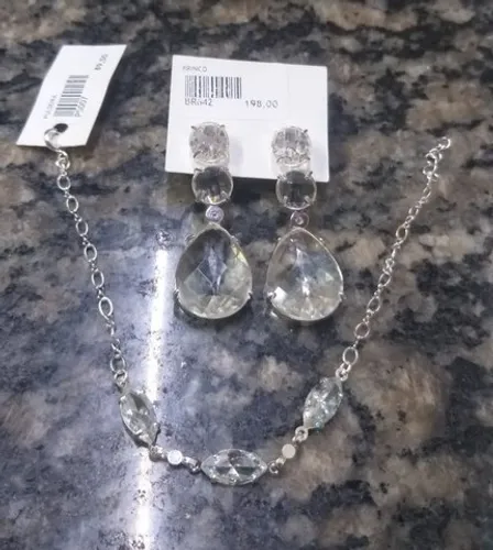 Brinco e pulseira prata com zarconia