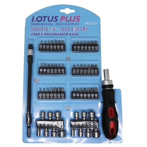 Jogo de Ponteiras e Soquete 1/4'' com Catraca e Extensor 21cm 58 Peças Diversas CRV Lotus