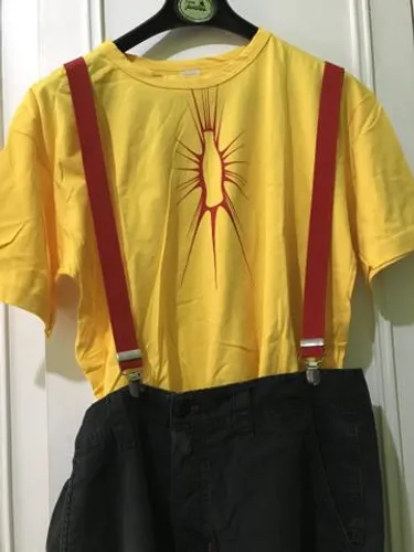 CARNAVAL-KIT Peruca Moicana+Camiseta amarela+suspensórios vermelhos+bermuda Element+óculos