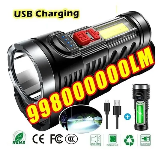 Lanterna tática recarregável longo alcance USB Led's COB indicador de carga