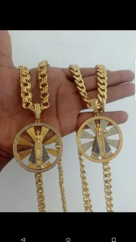 Cordão Nossa Senhora 10mm kit colar e pingente cravejado banho ouro 18K em camadas