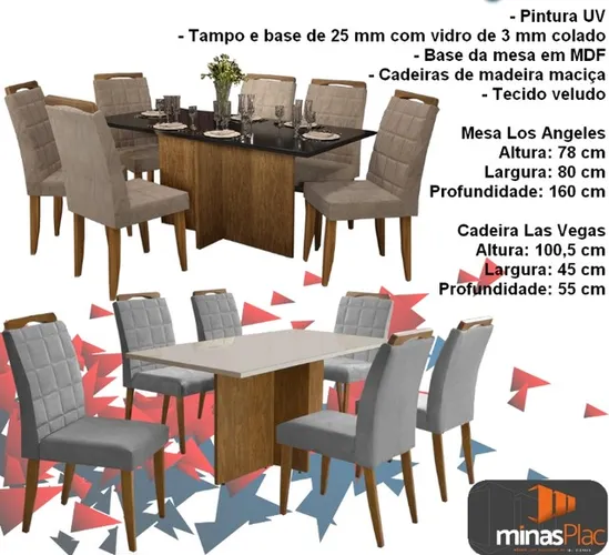 Sala mesa jantar com 6 cadeiras tampo de vidro