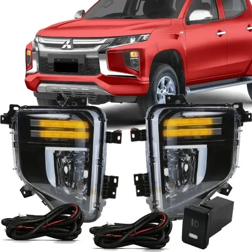 Kit Farol Milha L200 Triton 2021 C/ Botão - Modelo Original - DRL Branco + Pisca Amarelo