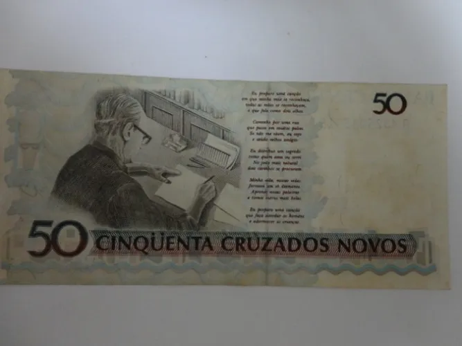 Cédula Antiga 50 Cruzados Novos - FE - Carlos Drumont De Andrade- com carimbo 50 Cruzeiros
