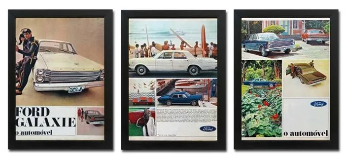 Ford Galaxie - Kit com 3 quadros decorativos com propaganda original de revista