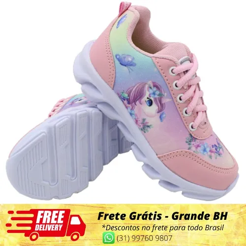 Tênis Infantil Led Feminino Kid Star Unicórnio Rosa Luzinha