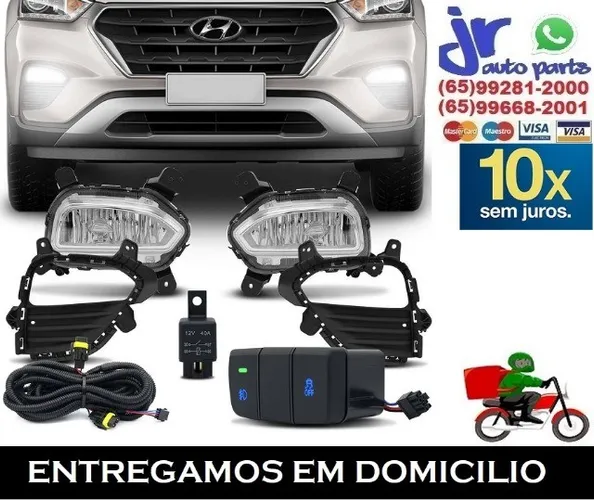 Kit Farol de Milha Hyundai Creta 17 18 19 com Moldura e Botão Auxiliar Neblina