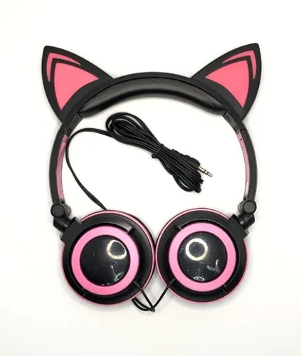 Fone Ouvido Headphone Orelha De Gato Preto e Rosa Com Led Cabo P2 HF-C22 Novo na Caixa