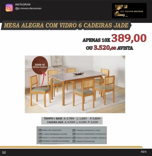 Mesa Alegra com Vidro 6 Cadeiras Jade