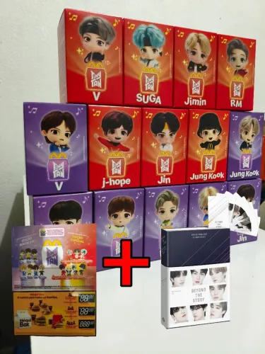 Combo BTS 14 brindes do McDonald's Tiny TAN 2025 + 1 livro oficial com cards + cardápio Mc