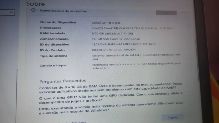 Notebook Intel Core i5 6300U - 8GB RAM impecável - 112GB SSD