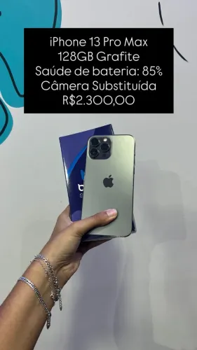 iPhone 13 Pro Max / 128GB / Grafite / Saúde de bateria 85% / Camera Substit. / R$ 2.300,00