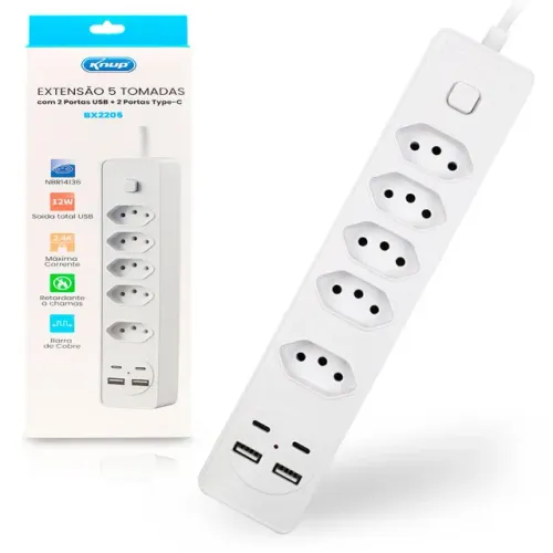 Filtro de Linha 5 Tomadas + 2 Usb C + 2 USB - Ideal para Carregar Celulares - Knup BX2205