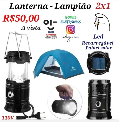 Lanterna Lampião 2x1 LED Recarregável Painel Solar