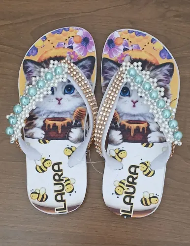 Chinelo Infantil Bordado Decorado Gatinho