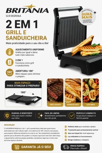 Grill e Sanduicheira Britânia BGR06A 2 em 1 - R$ 100,00