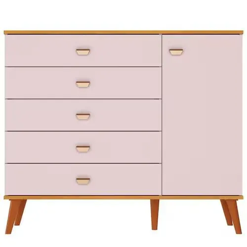 Cômoda Infantil Bartira Ternura com 5 Gavetas e 1 Porta - 106,8cm de largura - Rosa Wood