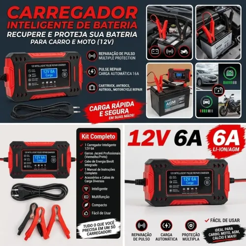 Carregador Inteligente de Bateria Carro e Moto 12V 6A Bivolt