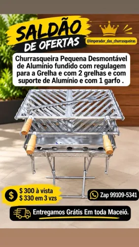 Churrasqueira Pequena Desmontável com 2 grelhas com suporte de Alumínio com 1 garfo