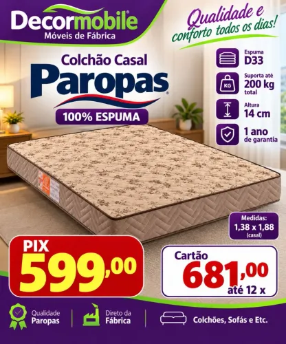 Colchão Casal D33 Paropas 100% espuma 1,38 x 1,88 14 cm até 200 kg