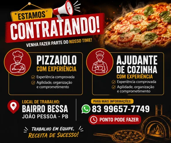 Vagas para Pizzaillo e ajudante de cozinha