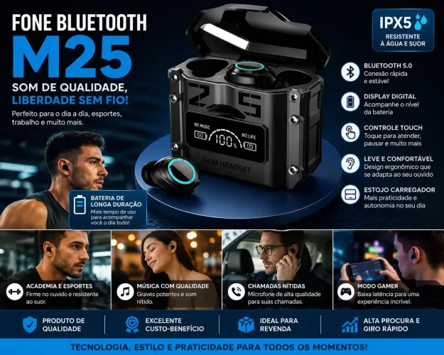 Fone Bluetooth M25 Gamer com Display Digital - Caixa Fechada com 200 Unidades