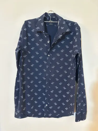 camisa social masculina Zara azul marinho Powerstrech super slim fit tamanho P
