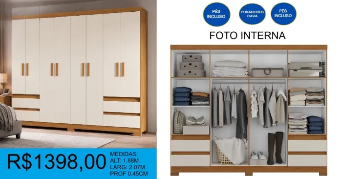 GUARDA-ROUPA 8 PORTAS PRONTA ENTREGA COM MONTAGEM GRATUITA 