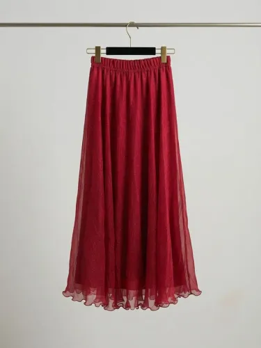 Saia Longa Vermelha Fluida em Chiffon com Brilho e Barra Ondulada