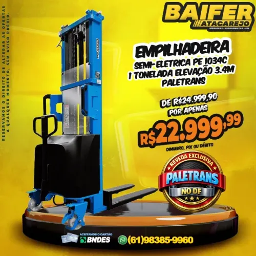 Empilhadeira Semi-Eletrica PE 1034c 1 Tonelada Elevação 3.4m Paletrans