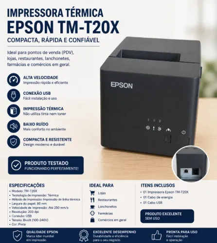 Impressora Térmica Epson TM-T20X USB Bivolt 80mm PDV Cupom Fiscal