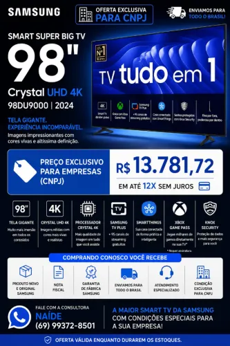SUPER OFERTA CNPJ | Smart TV Samsung 98" Crystal UHD 4K 98DU9000 | Nova | 12x Sem Juros