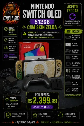 Nintendo Switch OLED 512GB + Skin Zelda + Pro Controller + Kit Completo