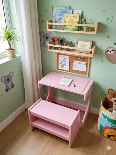 Conjunto Mesa de Estudos Infantil + Banquinho Rosa