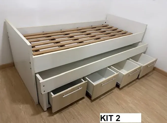 Kit de 2 Bicama com gavetas com 2 mesas escrivaninha , 1  baú e 2 Gaveteiro de Cabeceira