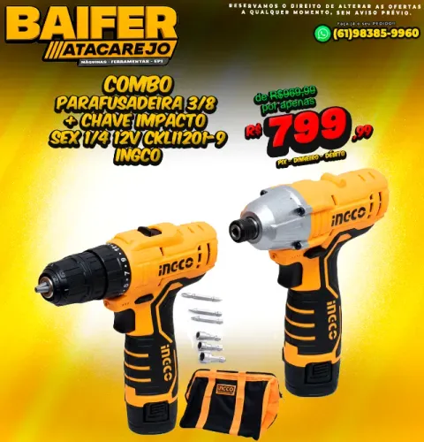Combo Parafusadeira 3/8 + Chave Impacto Sex 1/4 12V CKLI1201-9 Ingco