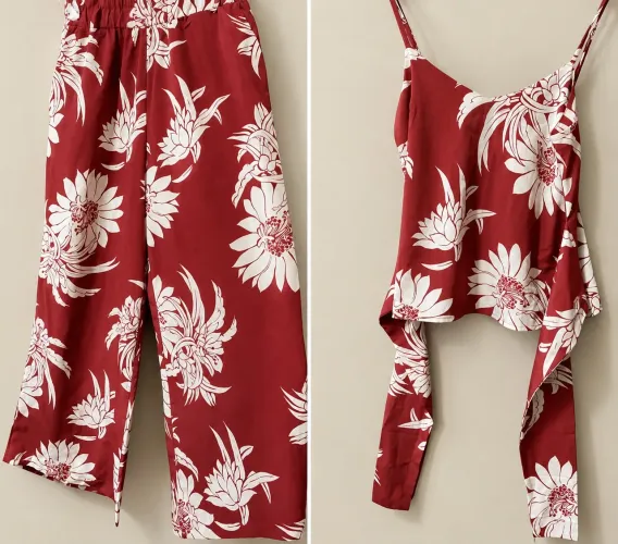 Conjunto feminino de calça pantalona e blusa de alça