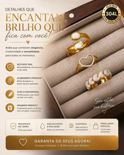 Kit 3 Anéis Aço Inox 304L Banho Ouro Coração e Pérola Ajustáveis