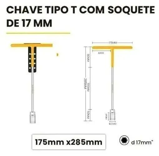 Chave Tipo T 17mm Cabo Longo Cromo Vanádio Emborrachada