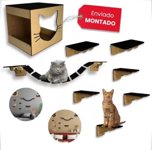 Kit Playground Para Gatos Ponte Prateleira Degrau e Nicho Mdf e Madeira Pinus