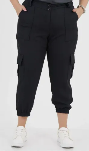 Calça Cargo Preta Feminina Alfaiataria Cós Alto