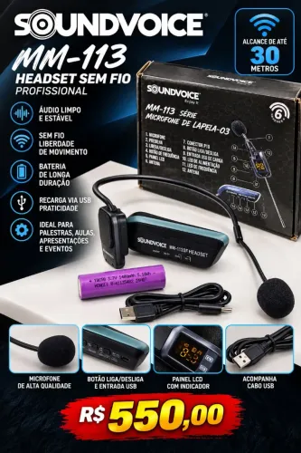 Microfone Headset Sem Fio Profissional Soundvoice MM-113