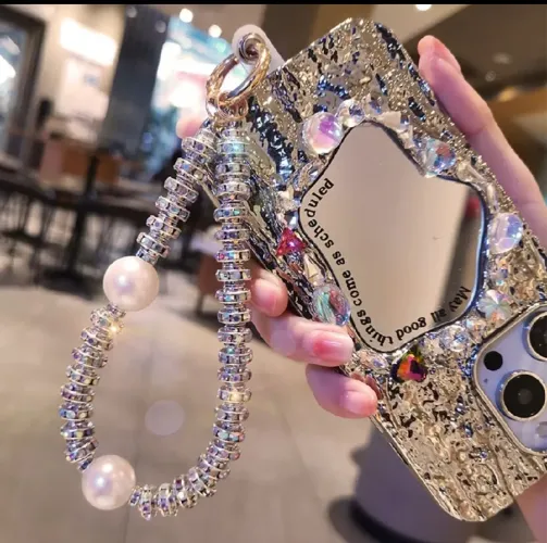 Pulseira/chaveiro luxo com strass e pérola para capa celular