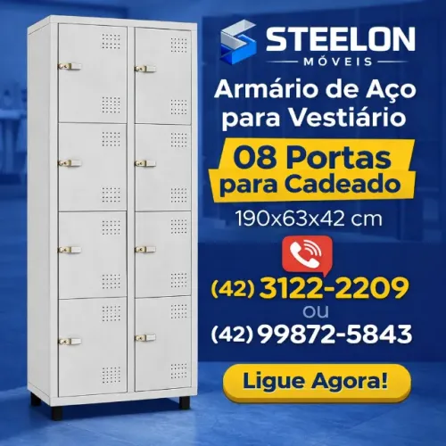 Armário de Aço para Vestiário 08 Portas para Cadeado 190x63x42 cm | Steelon Móveis