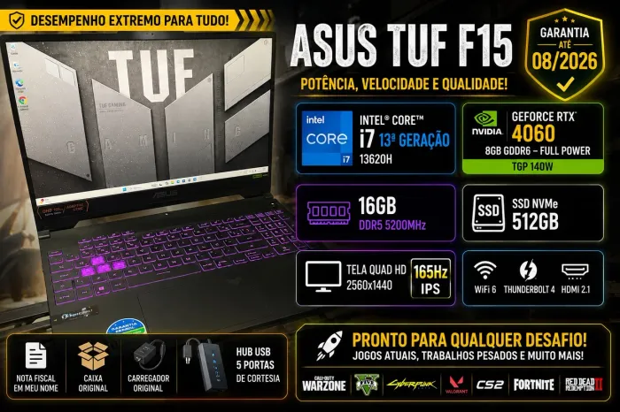 ASUS TUF F15 i7 13ª Gen RTX 4060 8GB QHD 165Hz 