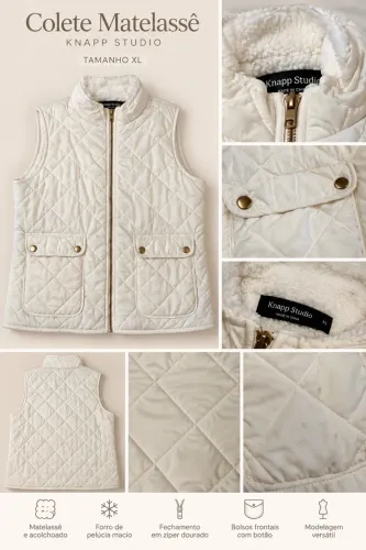 Colete Feminino Matelassê Off-White - Knapp Studio - Tam. XL