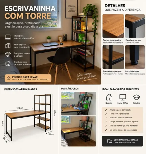 Escrivaninha Industrial com Torre de Prateleiras - Madeira e Metal